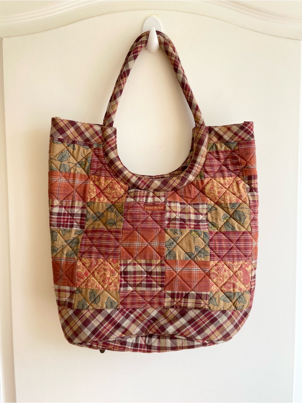 Bella Taylor Quilted Patchwork Tote Bag Red Colors Plaid Striped Paisley Handbag